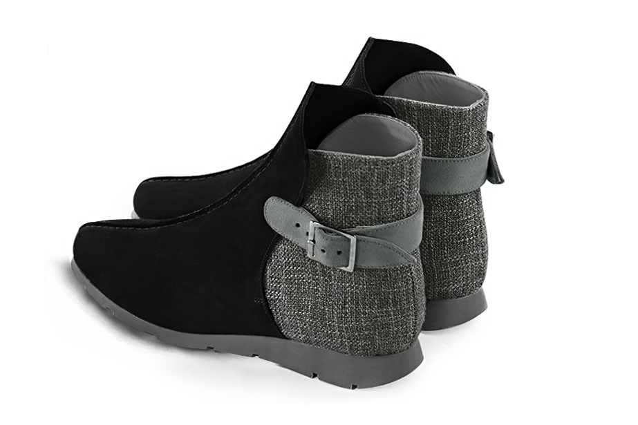 Women's matt black, dark grey and dove grey elegant ankle boots, with buckles at the back. Round toe. Thin rubber soles - Rear view